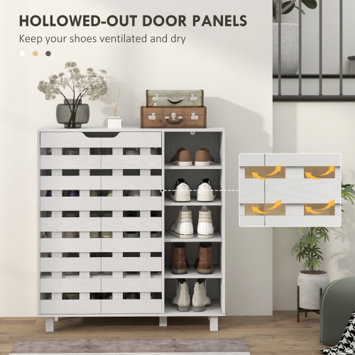 HOMCOM Modern Shoe Cabinet with Hollowed-Out Doors and 5-tier Open Shelves, 21 Pair Shoe Storage Cabinet for Entryway, Hallway, Living Room, White