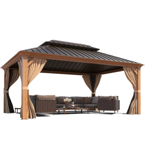 Pergola pour abri de jardin Erommy en acier galvanisé, 12 x 16 pi, cadre en bois en aluminium recouvert de bois, rideaux d'intimité et moustiquaires,