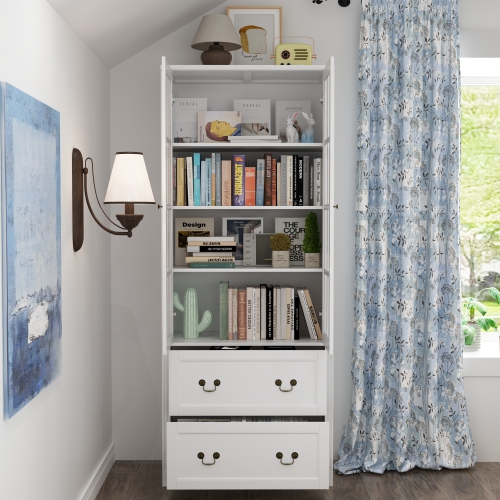 Famapy Elegant Glass Door Bookcase with Adjustable Shelves and Spacious Drawers for Living Room or Home Office Storage White