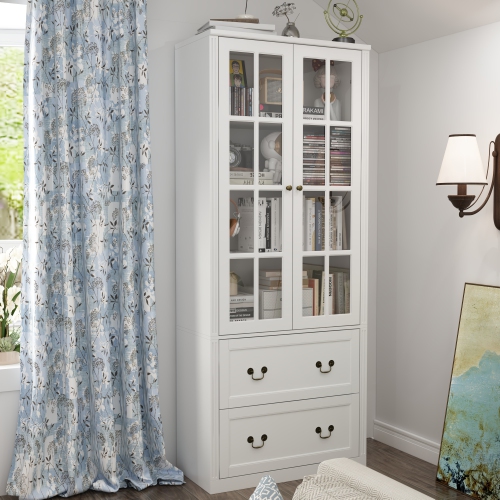Famapy Elegant Glass Door Bookcase with Adjustable Shelves and Spacious Drawers for Living Room or Home Office Storage White