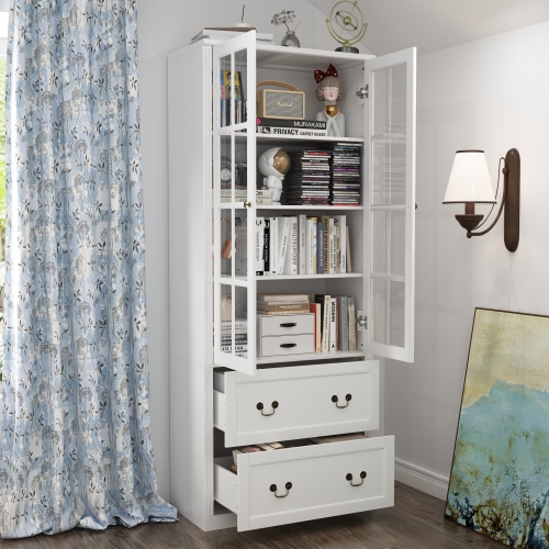 Famapy Elegant Glass Door Bookcase with Adjustable Shelves and Spacious Drawers for Living Room or Home Office Storage White