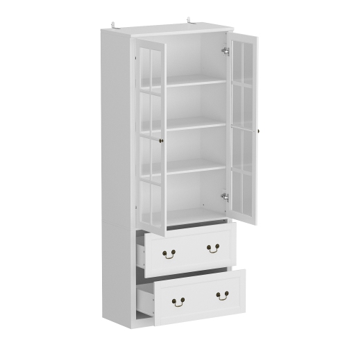 Famapy Elegant Glass Door Bookcase with Adjustable Shelves and Spacious Drawers for Living Room or Home Office Storage White