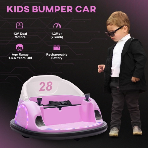 Qaba 12V Bumper Car for Toddlers, Electric Ride On Car with 360 Degree Spin, Remote Control, LED Lights Music Horn, for Ages 1.5-5 Years Old, Pink