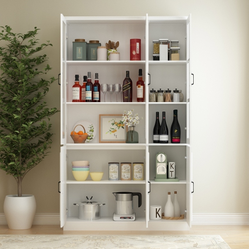 Famapy Tall Pantry Cabinet with Glass Doors, Adjustable Shelves, and Spacious Storage for Kitchen or Dining Room White