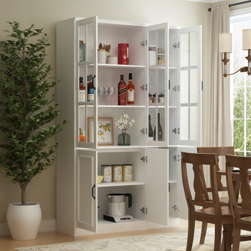 Famapy Tall Pantry Cabinet with Glass Doors, Adjustable Shelves, and Spacious Storage for Kitchen or Dining Room White