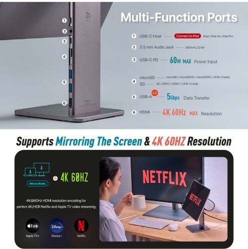 ADAM Elements Mag M Pro 11" 8 in 1 Aluminum HUB Stand for iPad Pro and Air 360 Rotating 180 Tilt USB-A 3.1 x2 USB-C PD@60W x1 HDMI 4K@60Hz microSD/SD