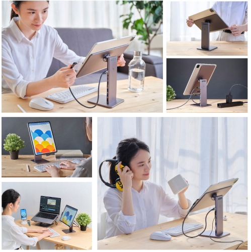 ADAM Elements Mag M Pro 11" 8 in 1 Aluminum HUB Stand for iPad Pro and Air 360 Rotating 180 Tilt USB-A 3.1 x2 USB-C PD@60W x1 HDMI 4K@60Hz microSD/SD