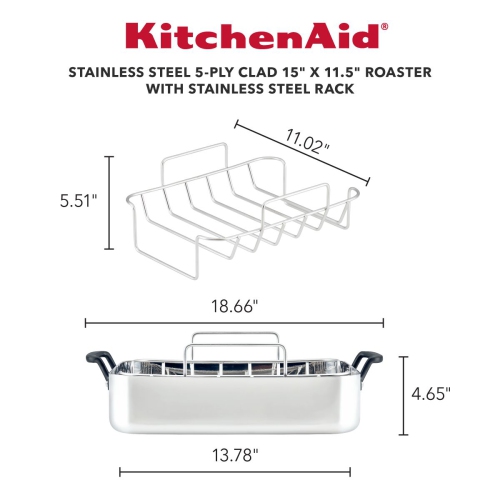 Rôtissoire KitchenAid en acier inoxydable Clad à 5 épaisseurs avec grille amovible, 15 x 11,5 po, acier inoxydable poli