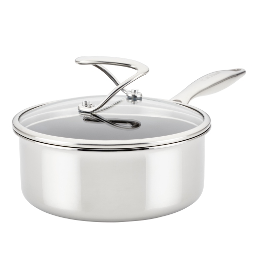 Circulon Clad Stainless Steel Saucepan with Glass Lid and Hybrid SteelShield and Nonstick Technology, 2-Quart, 1.9L, S..