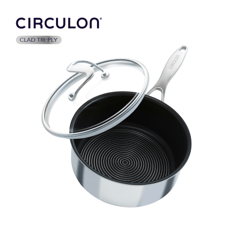 Circulon Clad Stainless Steel Saucepan with Glass Lid and Hybrid SteelShield and Nonstick Technology, 2-Quart, 1.9L, S..