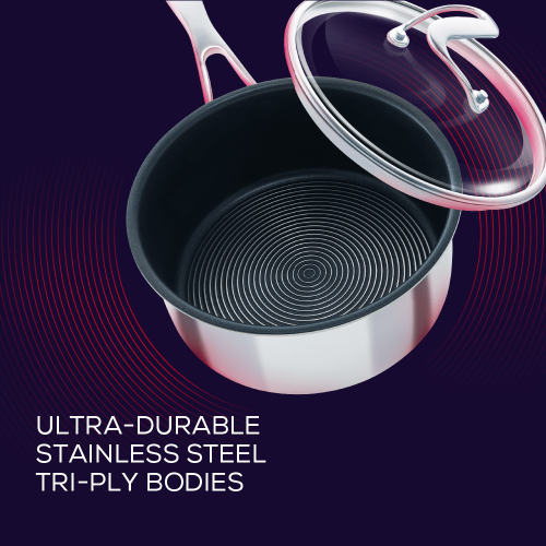 Circulon Clad Stainless Steel Saucepan with Glass Lid and Hybrid SteelShield and Nonstick Technology, 2-Quart, 1.9L, S..
