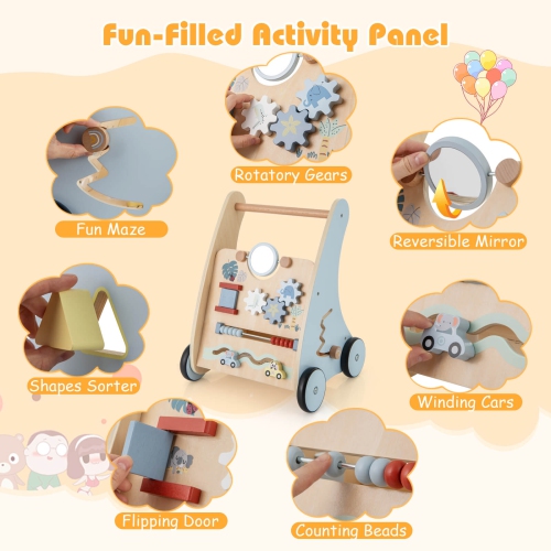 Costway Wooden Baby Walker Push & Pull Walker with Multi-Activity Learning Center