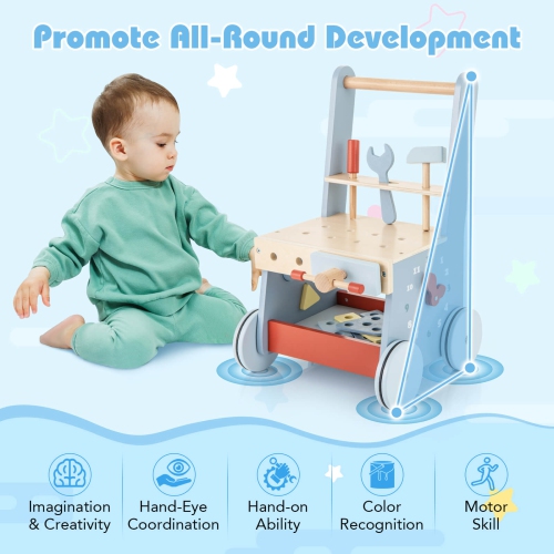 Marcheur en bois 2-en-1 pour bébé de Costway avec centre multi-activités et jouets de rangement en bas