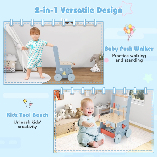 Marcheur en bois 2-en-1 pour bébé de Costway avec centre multi-activités et jouets de rangement en bas
