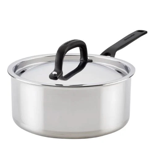 KitchenAid 5-Ply Clad Stainless Steel Saucepan with Lid, 3-Quart, Polished Stainless Steel