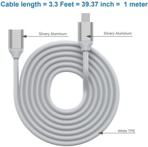 Lightning Extension Cable – [Male to Female, Silver, 3.3ft, Lightning Cable, Compatible with iPhone, iPad] - White