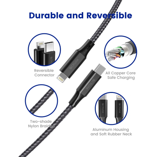 iPhone Charger Cord – [Extra Long, 16Ft, MFi Certified, 16 Ft, USB C to Lightning, Fast Charging, Nylon Braided] - Black