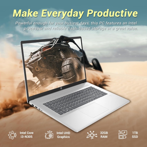 HP 17.3" FHD Business Laptop, Intel Core i3-N305 Processor, 1TB SSD, 32GB RAM, Intel UHD Graphics, Full-Size KB, Webcam, WiFi 6, Win 11 Pro, Silver,