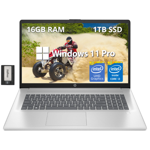 HP 17.3" FHD Business Laptop, Intel Core i3-N305 Processor, 1TB SSD, 16GB RAM, Intel UHD Graphics, Full-Size KB, Webcam, WiFi 6, Win 11 Pro, Silver,