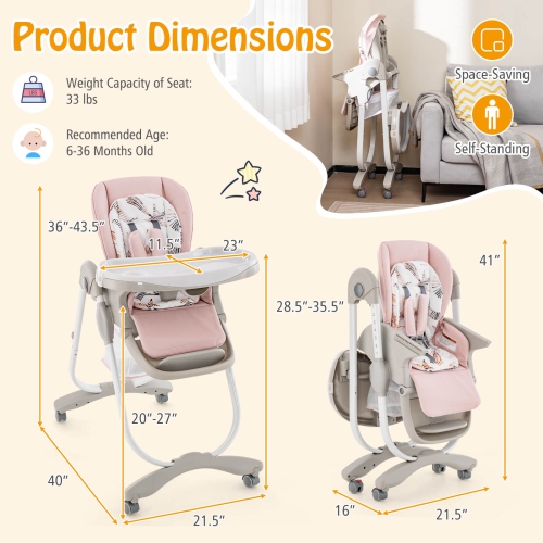 Costway High Chair for Babies & Toddlers with Rolling Wheels Adjustable Height Footrest