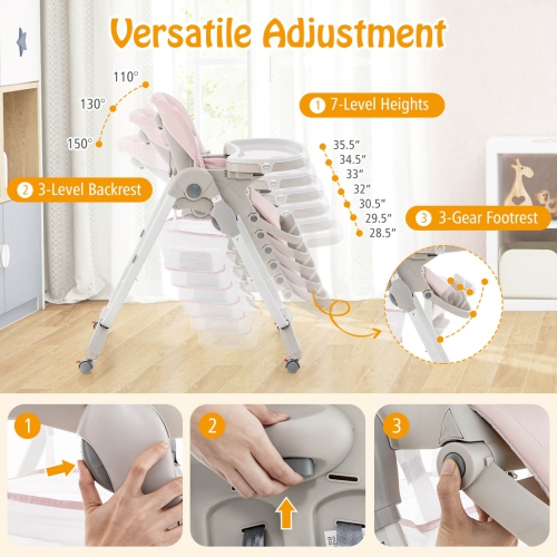Costway High Chair for Babies & Toddlers with Rolling Wheels Adjustable Height Footrest