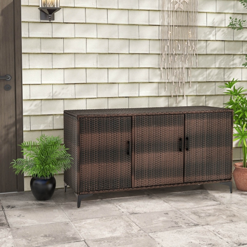 Costway 84 Gallon 3-Door Patio Wicker Storage Cabinet Deck Box with Removable Shelves