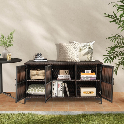 Costway 84 Gallon 3-Door Patio Wicker Storage Cabinet Deck Box with Removable Shelves