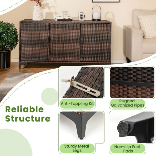 Costway 84 Gallon 3-Door Patio Wicker Storage Cabinet Deck Box with Removable Shelves