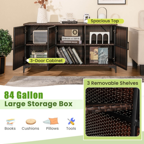 Costway 84 Gallon 3-Door Patio Wicker Storage Cabinet Deck Box with Removable Shelves