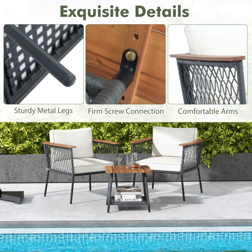 Costway 3 PCS Patio Furniture Set with 2-Tier Coffee Table Acacia Wood Armrests Tabletop