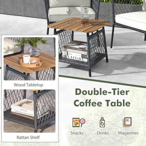Costway 3 PCS Patio Furniture Set with 2-Tier Coffee Table Acacia Wood Armrests Tabletop