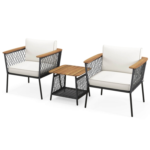 Costway 3 PCS Patio Furniture Set with 2-Tier Coffee Table Acacia Wood Armrests Tabletop