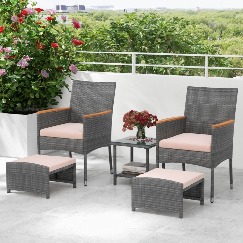 COSTWAY  5 PCs Patio Conversation Set With Soft Cushions Ottomans & Tempered Glass Top Table