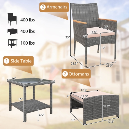 Costway 5 PCS Patio Conversation Set with Soft Cushions Ottomans & Tempered Glass Top Table