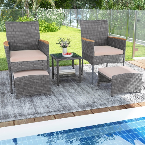 Costway 5 PCS Patio Conversation Set with Soft Cushions Ottomans & Tempered Glass Top Table