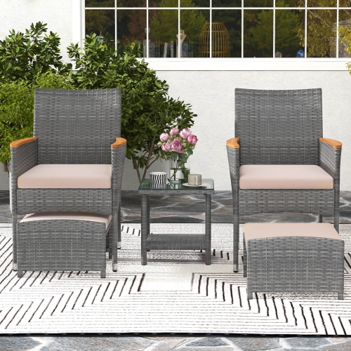 Costway 5 PCS Patio Conversation Set with Soft Cushions Ottomans & Tempered Glass Top Table