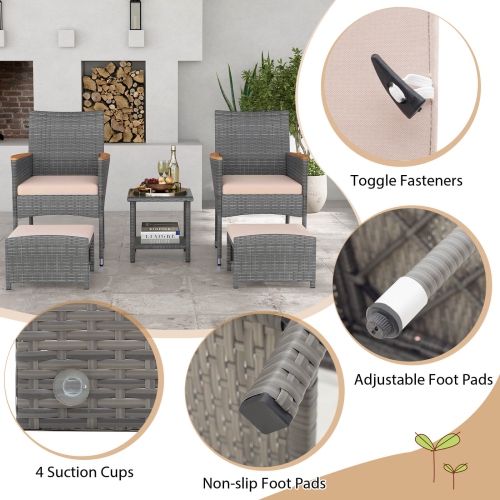 Costway 5 PCS Patio Conversation Set with Soft Cushions Ottomans & Tempered Glass Top Table