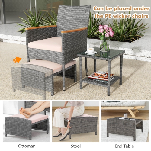 Costway 5 PCS Patio Conversation Set with Soft Cushions Ottomans & Tempered Glass Top Table