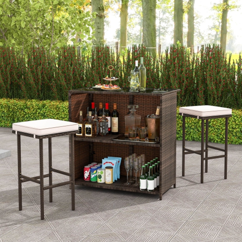 Costway 3 PCS Patio Bar Set with Tempered Glass Tabletop 2-Tier Storage Removable Cushions