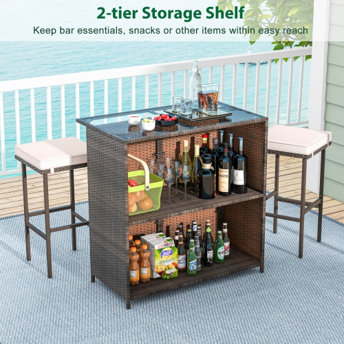 Costway 3 PCS Patio Bar Set with Tempered Glass Tabletop 2-Tier Storage Removable Cushions