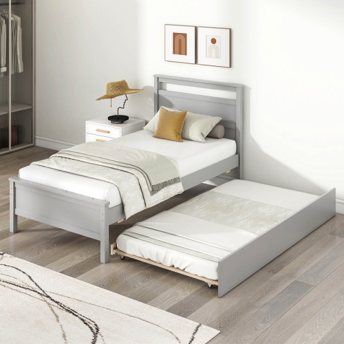 Costway Twin Size Platform Bed with Trundle Pull-out Trundle Headboard & Footboard