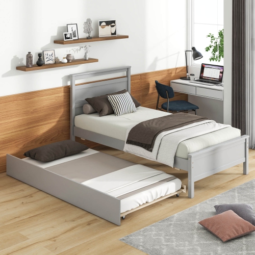 Costway Twin Size Platform Bed with Trundle Pull-out Trundle Headboard & Footboard