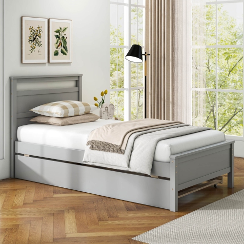 Costway Twin Size Platform Bed with Trundle Pull-out Trundle Headboard & Footboard