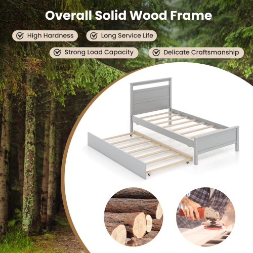Costway Twin Size Platform Bed with Trundle Pull-out Trundle Headboard & Footboard