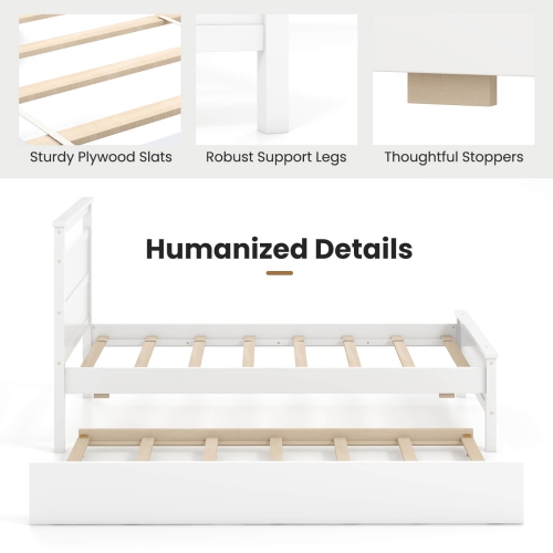 Costway Twin Size Platform Bed with Trundle Pull-out Trundle Headboard & Footboard