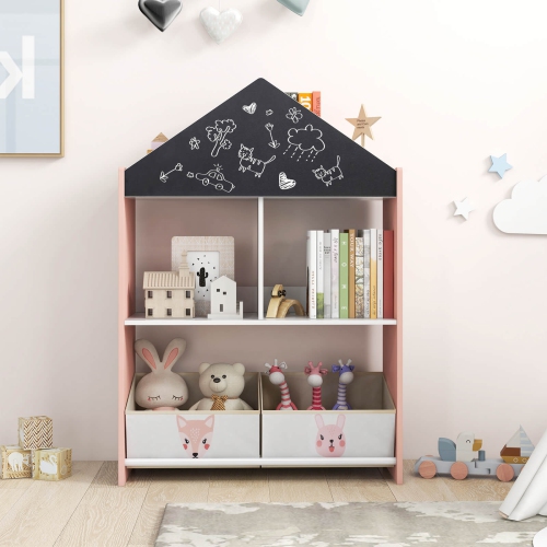 Costway Kids Dollhouse Bookshelf with Writable Chalkboard Whiteboard 4 Top Compartments