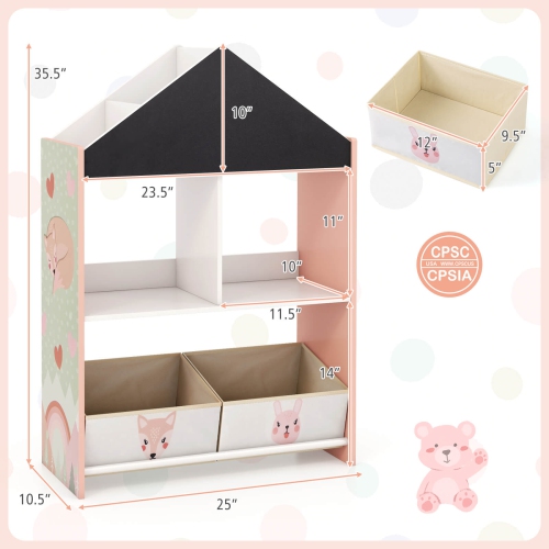 Costway Kids Dollhouse Bookshelf with Writable Chalkboard Whiteboard 4 Top Compartments