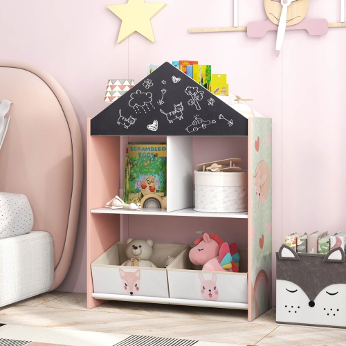 Costway Kids Dollhouse Bookshelf with Writable Chalkboard Whiteboard 4 Top Compartments