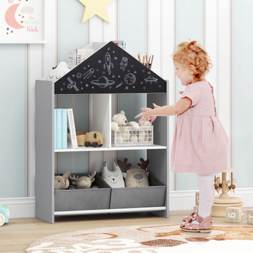 Costway Kids Dollhouse Bookshelf with Writable Chalkboard Whiteboard 4 Top Compartments