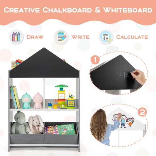 Costway Kids Dollhouse Bookshelf with Writable Chalkboard Whiteboard 4 Top Compartments